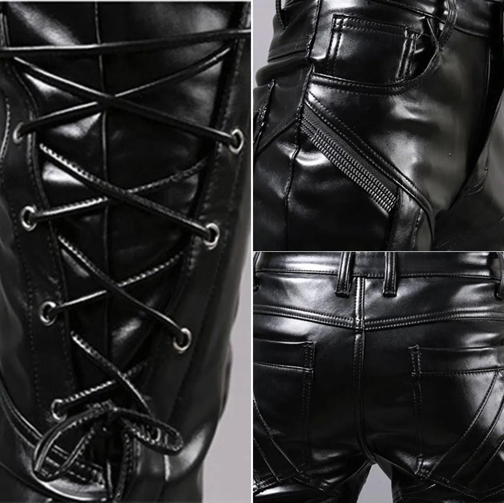 Men's Punk Style Skinny Lace Up Party Stage Performance Night Club Steampunk Faux PU Leather Pants