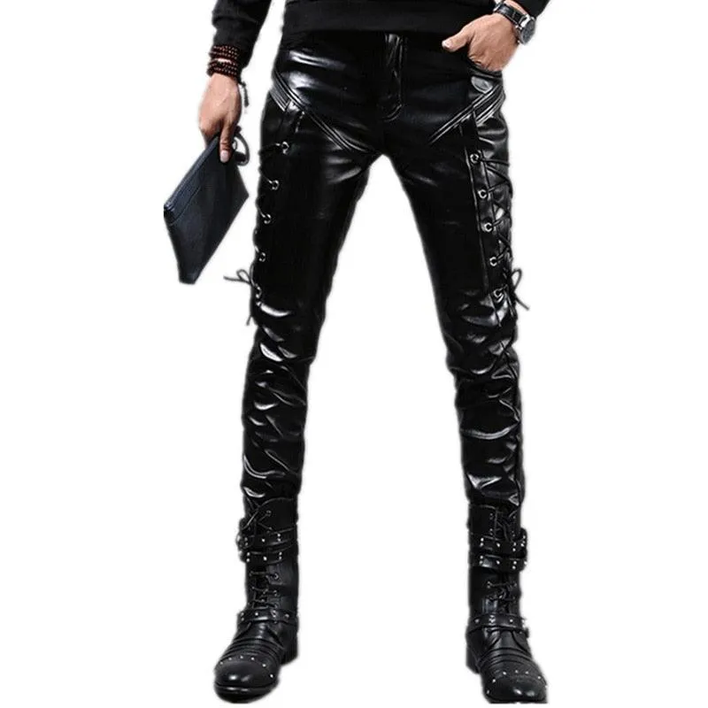 Men's Punk Style Skinny Lace Up Party Stage Performance Night Club Steampunk Faux PU Leather Pants