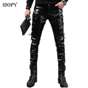 Men's Punk Style Skinny Lace Up Party Stage Performance Night Club Steampunk Faux PU Leather Pants