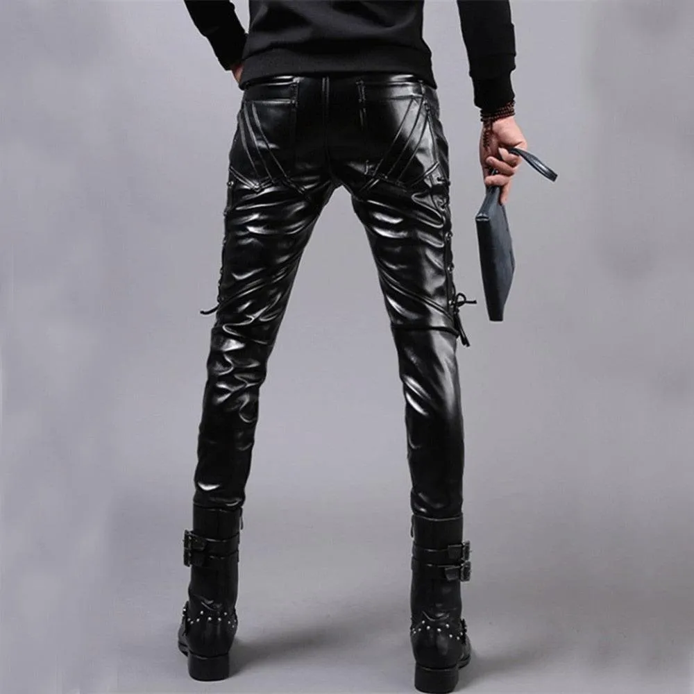 Men's Punk Style Skinny Lace Up Party Stage Performance Night Club Steampunk Faux PU Leather Pants