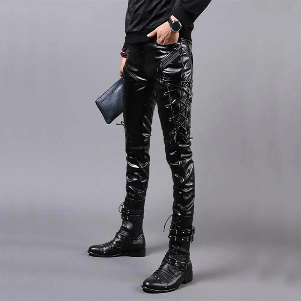 Men's Punk Style Skinny Lace Up Party Stage Performance Night Club Steampunk Faux PU Leather Pants