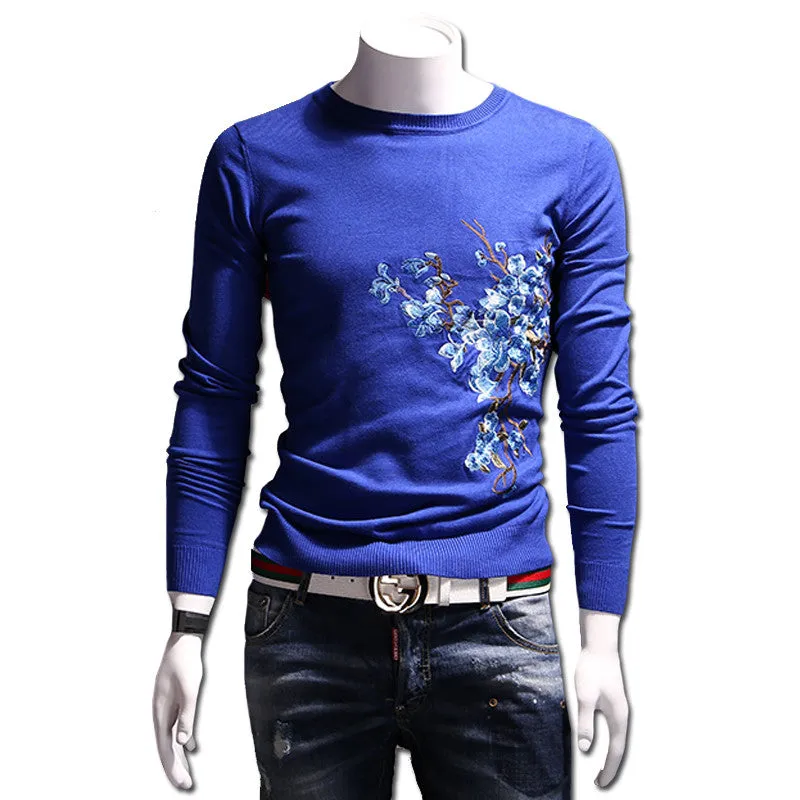 Menswear Hombre Floral Sweaters and Pullovers Men's Casual Slim Fit Long Sleeved O Neck Knitted Sweaters Men SM6