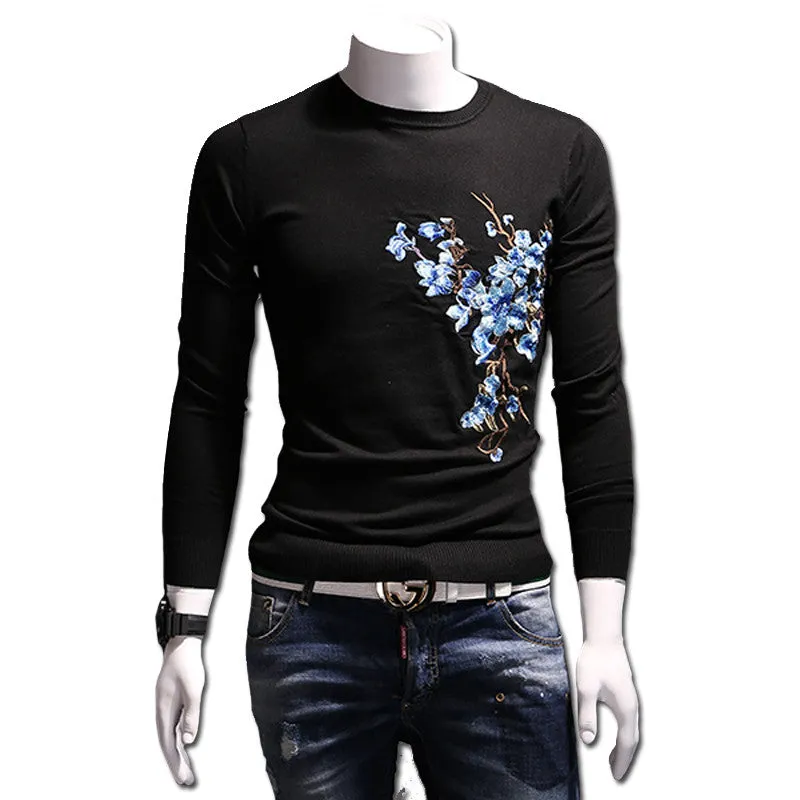 Menswear Hombre Floral Sweaters and Pullovers Men's Casual Slim Fit Long Sleeved O Neck Knitted Sweaters Men SM6