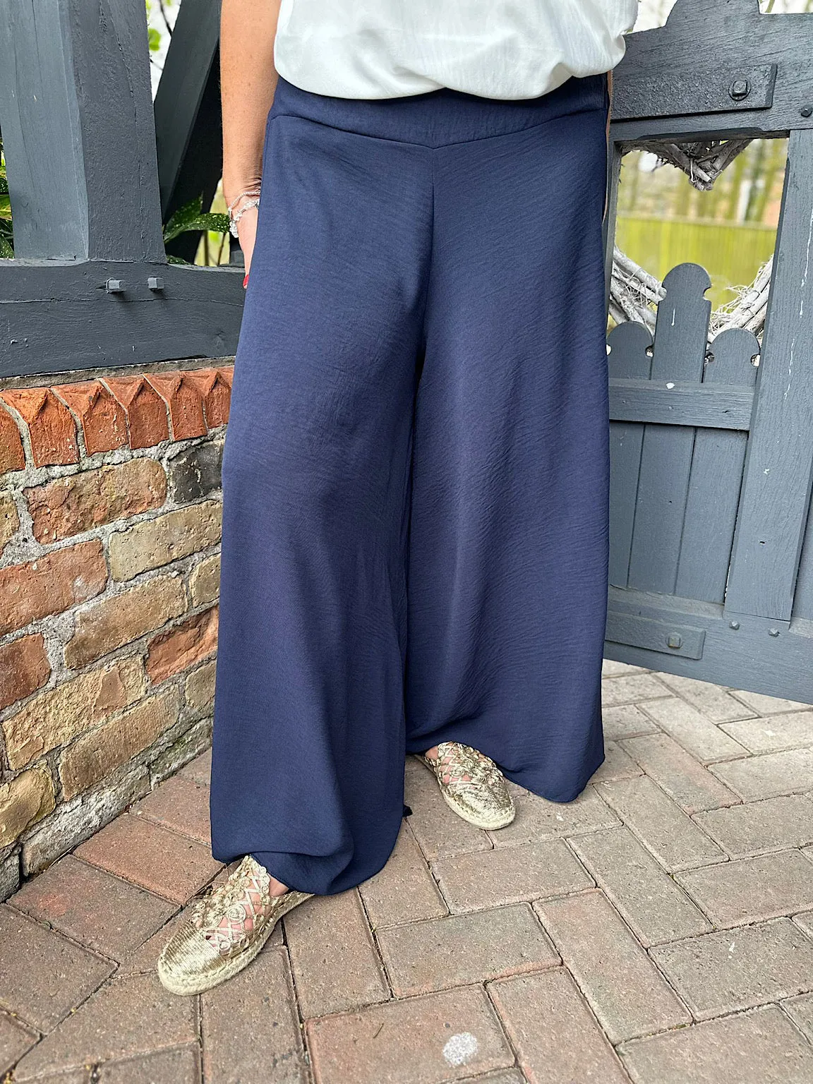 Navy Crepe Wide Leg Trousers