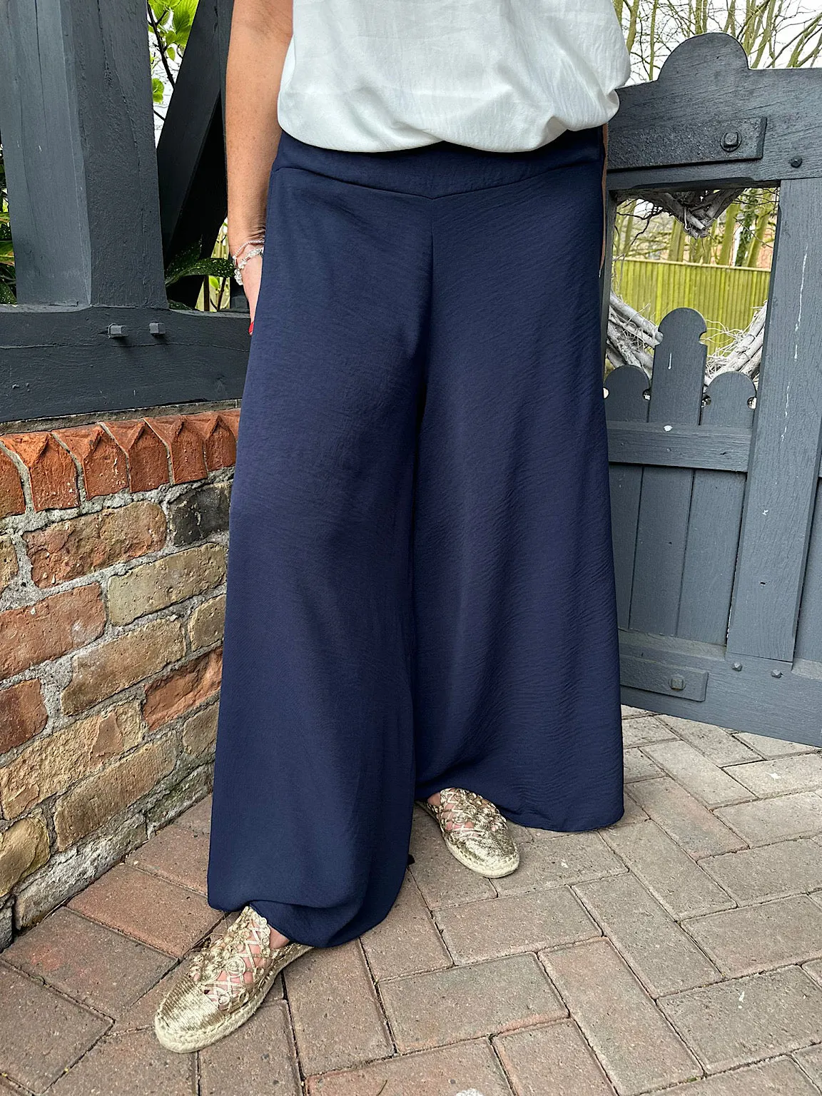 Navy Crepe Wide Leg Trousers