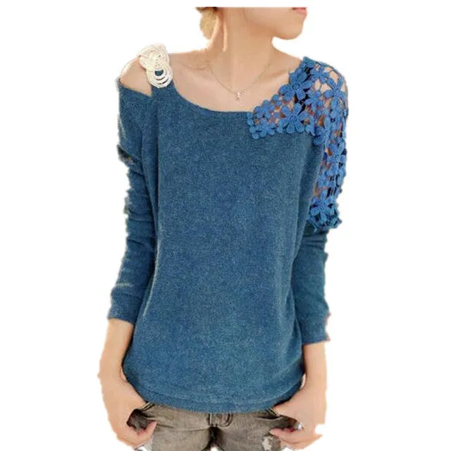 New Autumn Winter Female Knitting Patchwork Sweater Plus Size Embroidery Thin Knitted Long Sleeve O-neck Pullovers 70249 GS