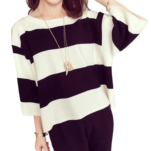 New Fashion Female Pullovers Knitted 3/4 Sleeve O-neck Autumn Patchwork Stripped Sweaters Hot  71226 GS