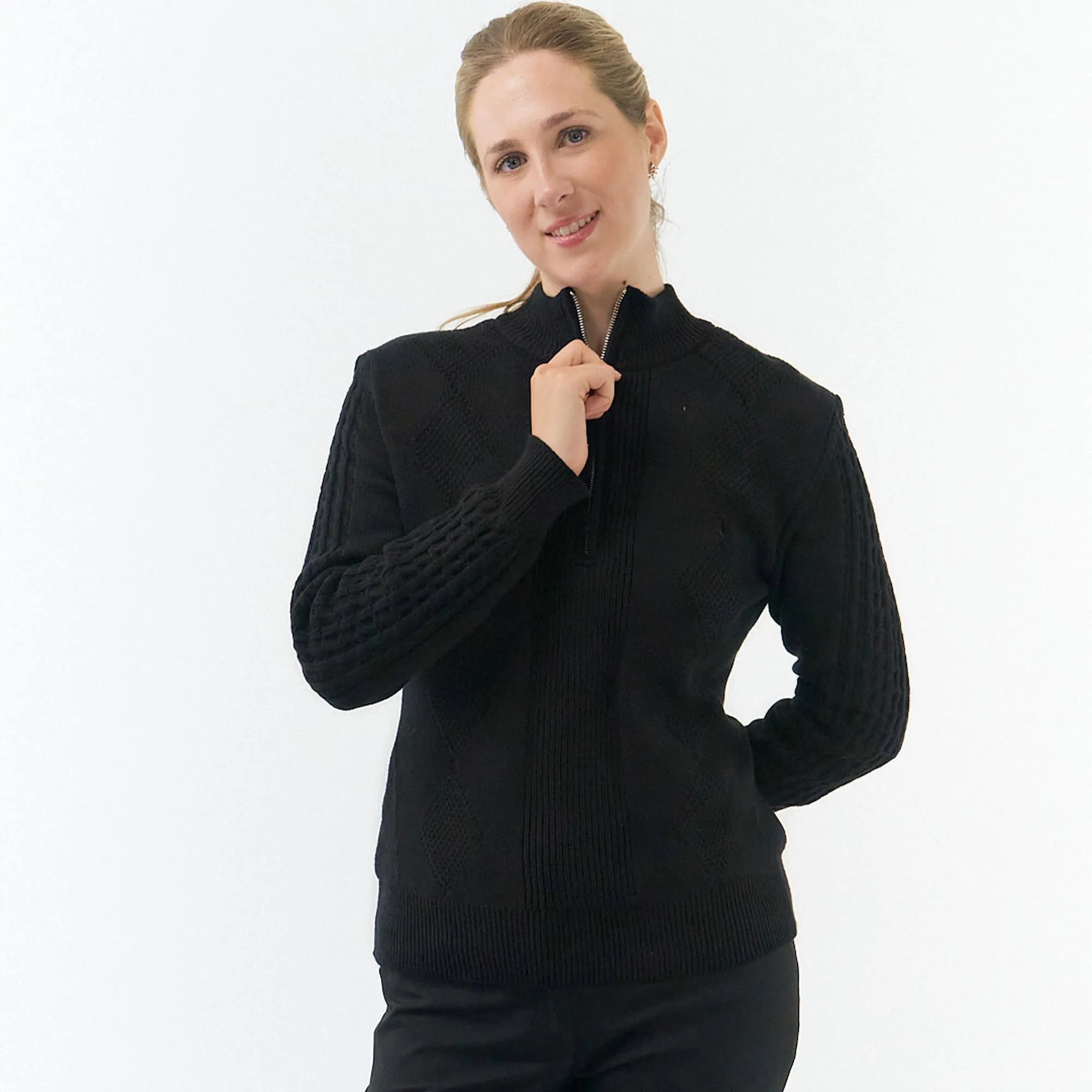 Pure Golf Sorrell Cable Knit Lined Ladies Golf Jumper Black