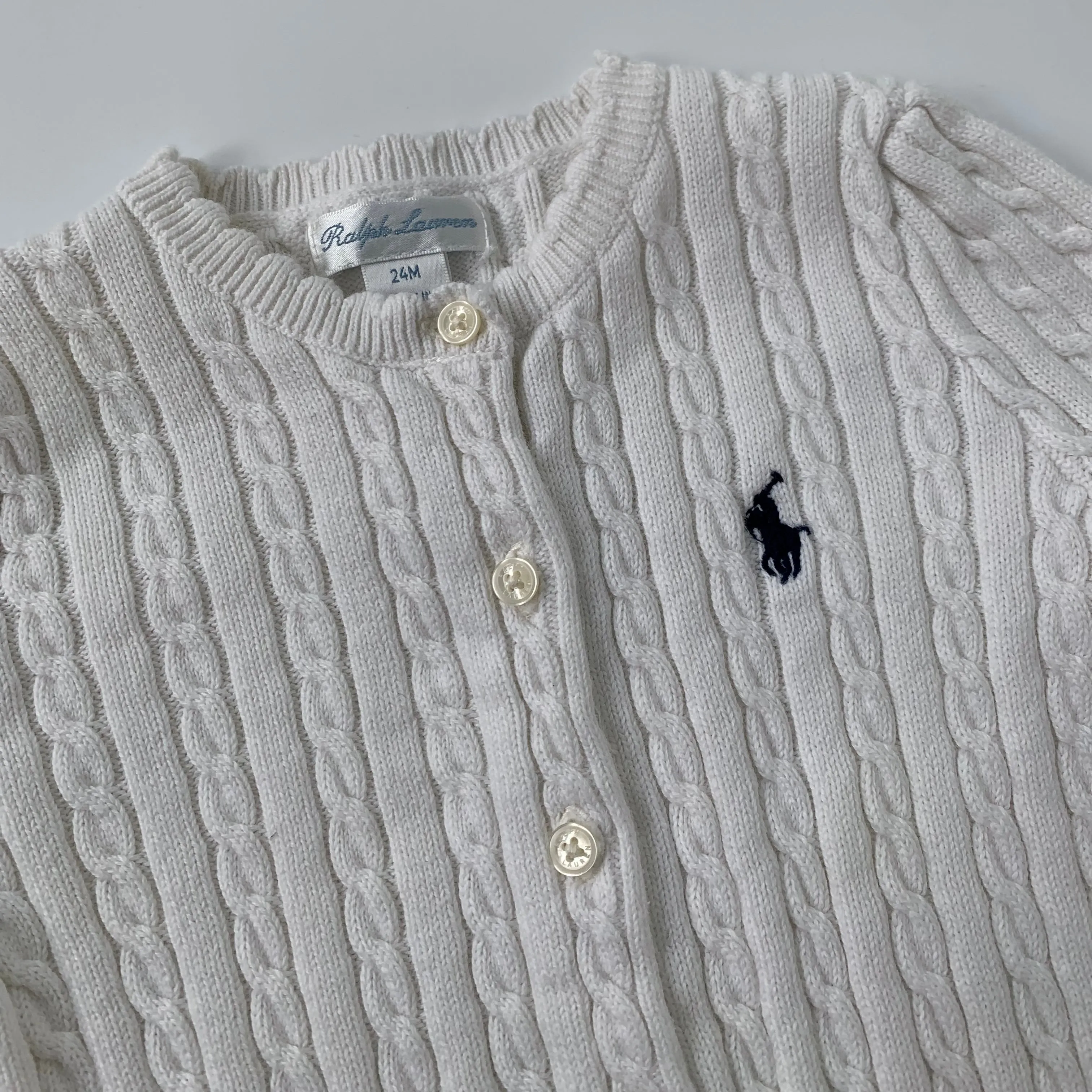 Ralph Lauren White Cable Knit Cotton Cardigan: 24 Months