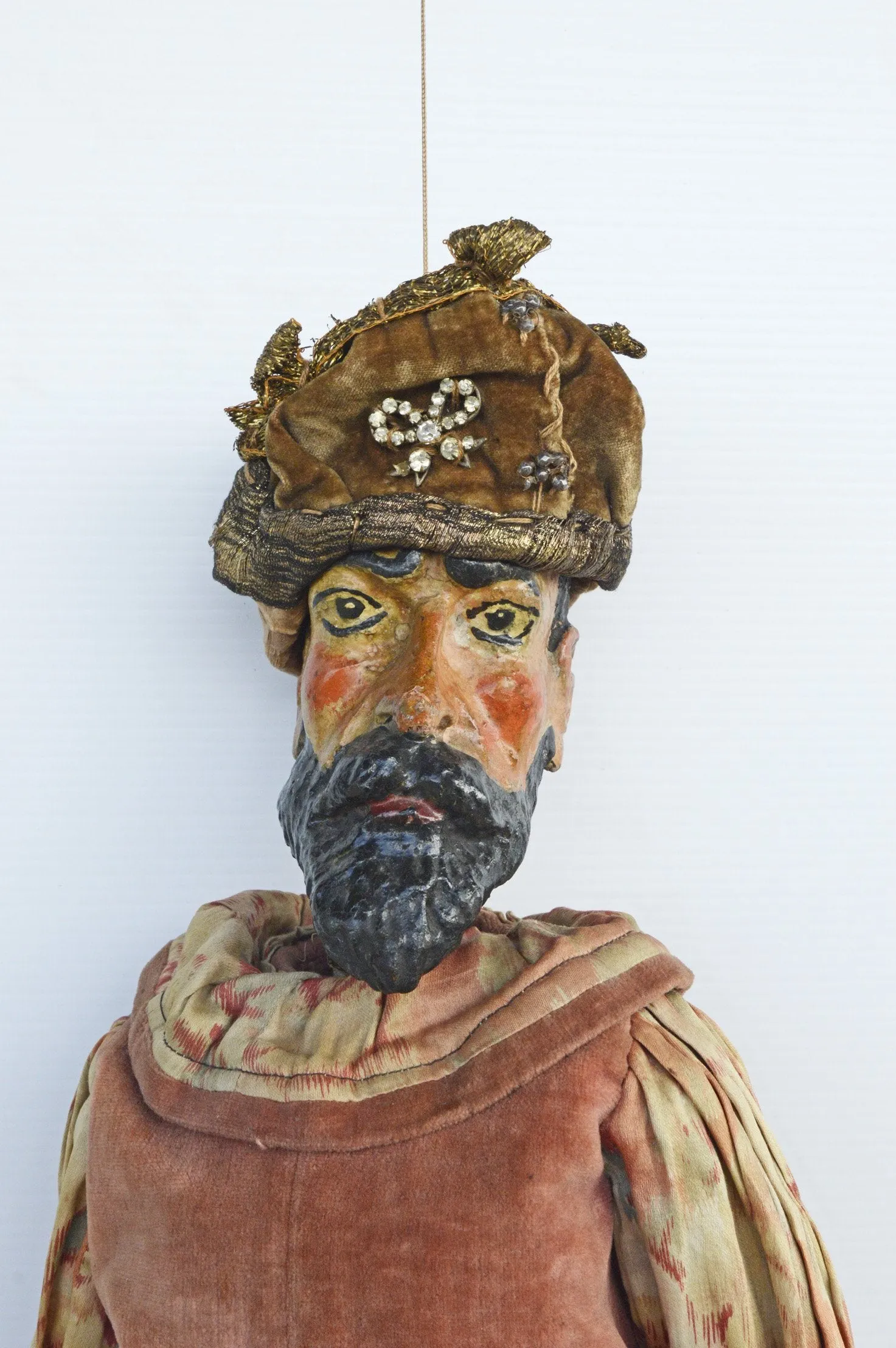 Rare, large wooden carved 19th century King puppet - gorgeously costumed