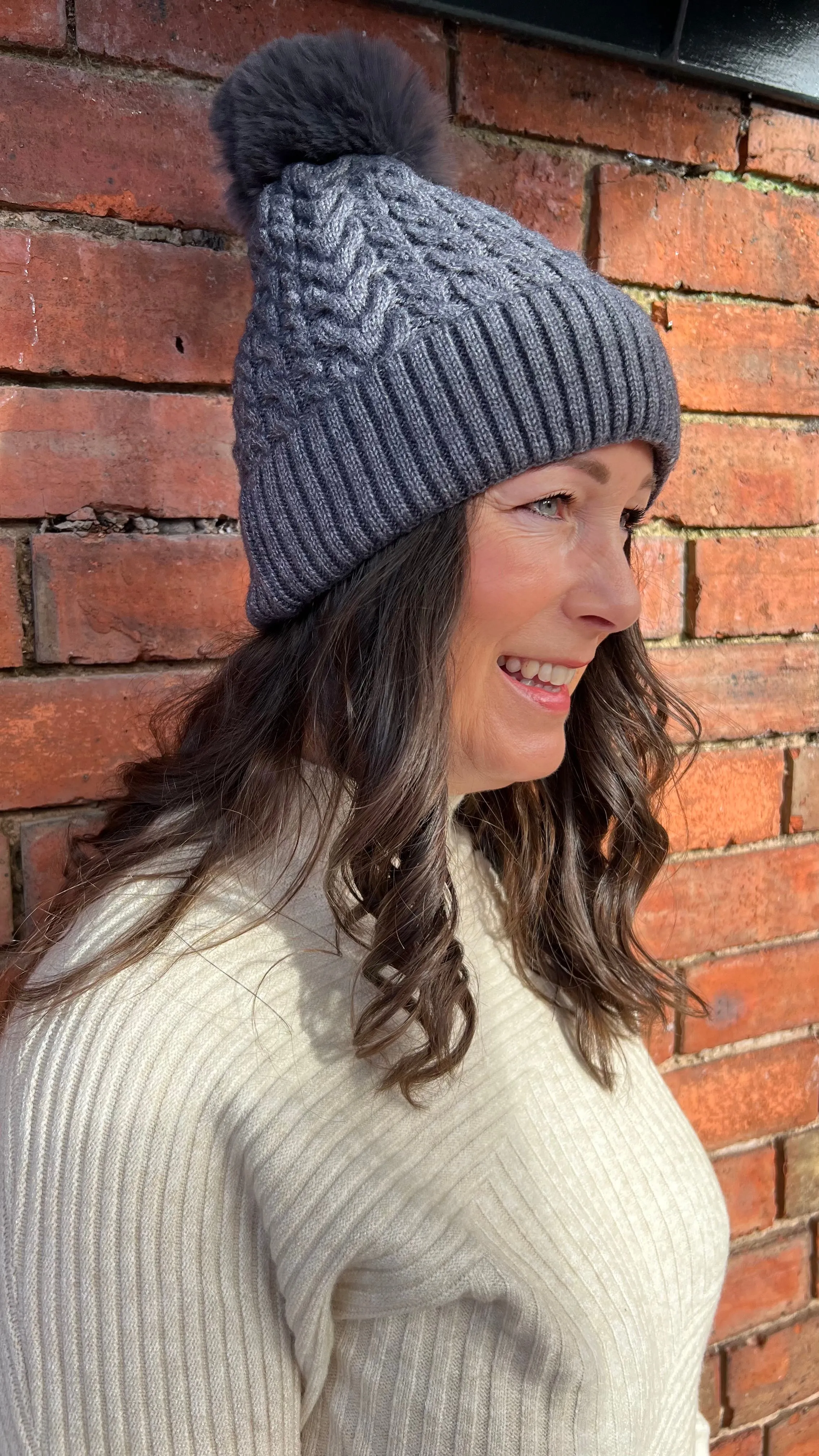 Ribbed Small Cable Knit Bobble Hat