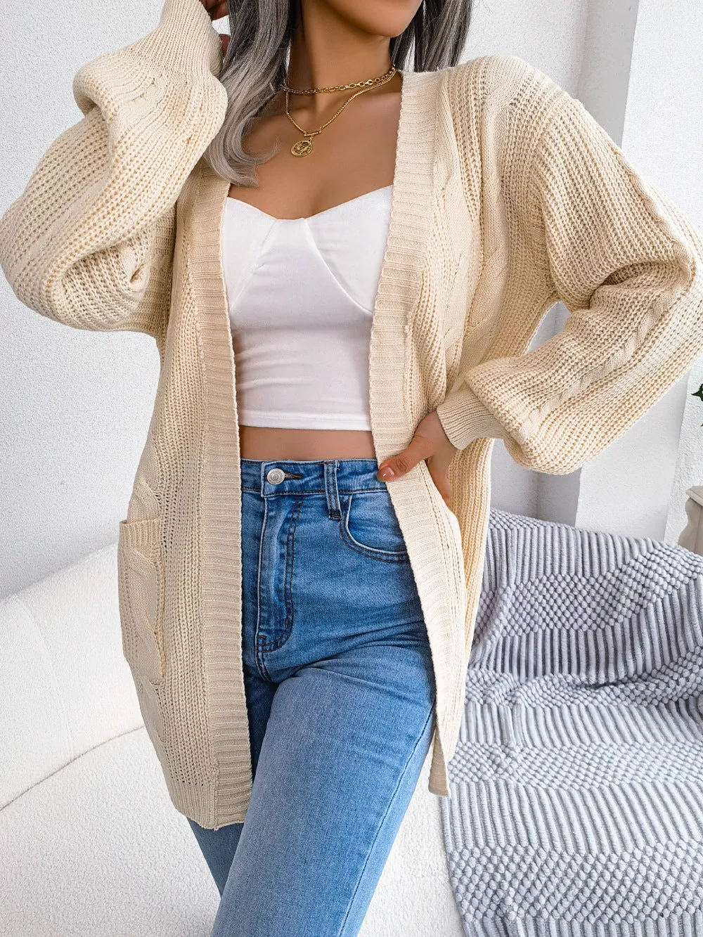 Savana Cable-Knit Open Front Pocketed Cardigan