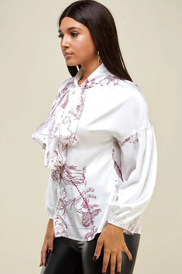 Silk Print Tie Up Button Down Top