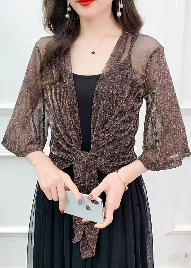 Simple Coffee Solid Bright Silk Tulle Cardigan Summer AS1020