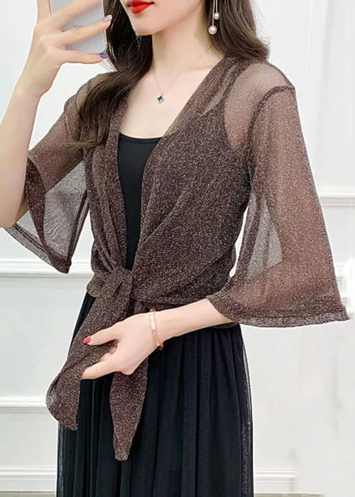 Simple Coffee Solid Bright Silk Tulle Cardigan Summer AS1020