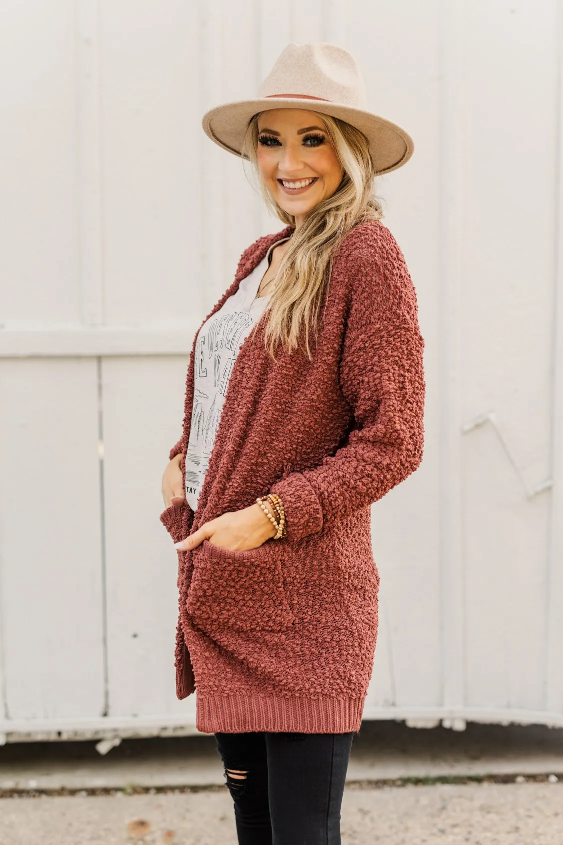 Stealing Glances Popcorn Knit Cardigan- Deep Clay