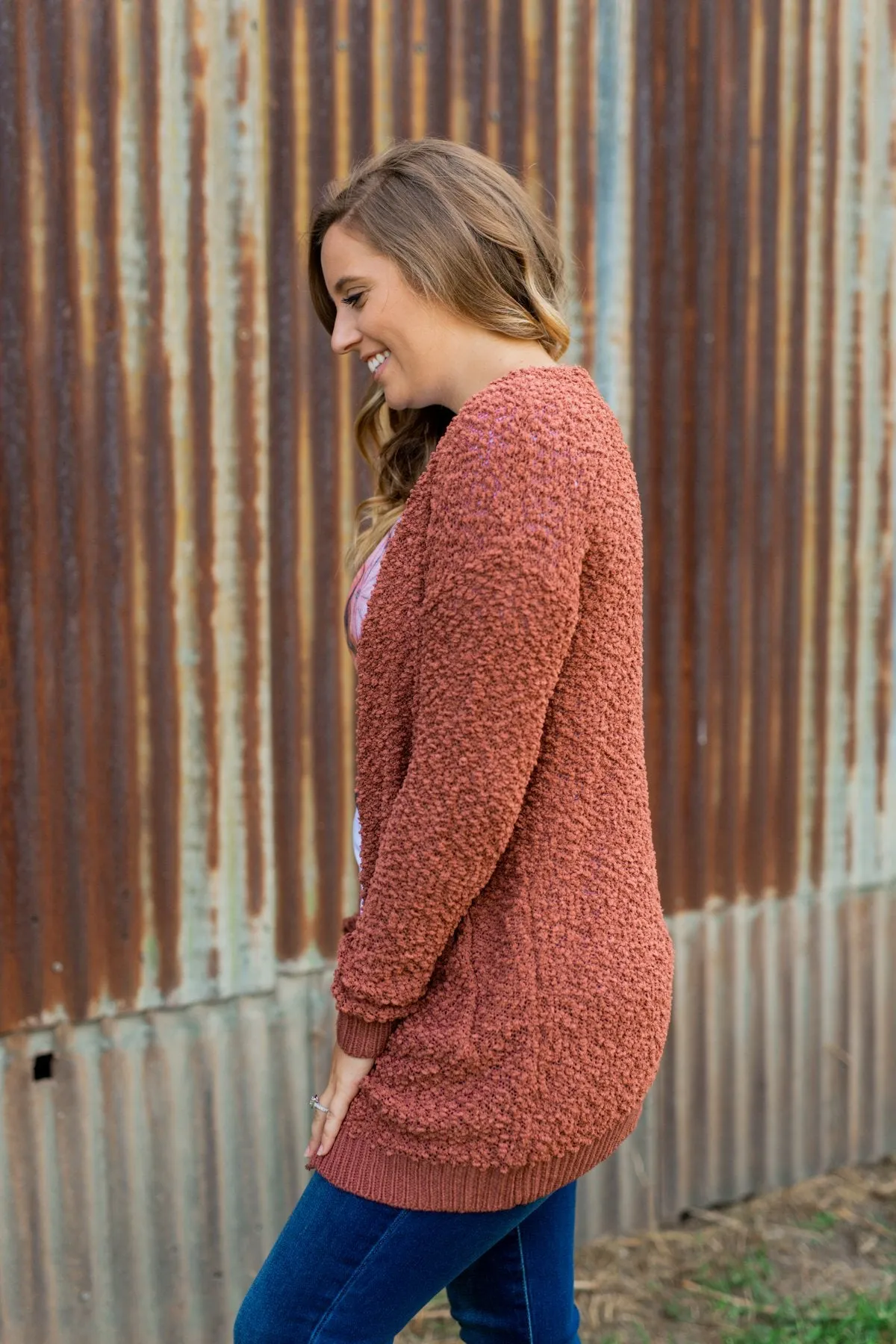 Stealing Glances Popcorn Knit Cardigan- Deep Clay