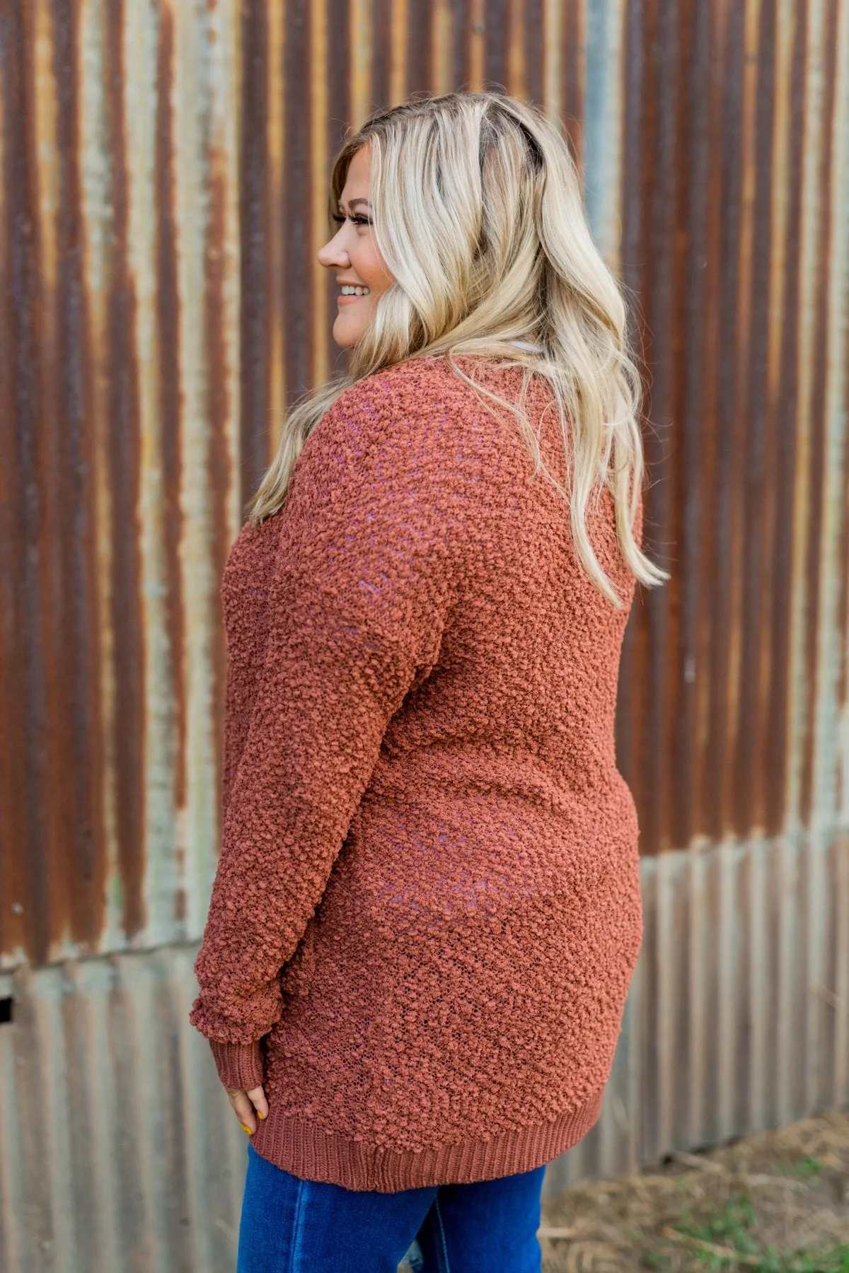 Stealing Glances Popcorn Knit Cardigan- Deep Clay