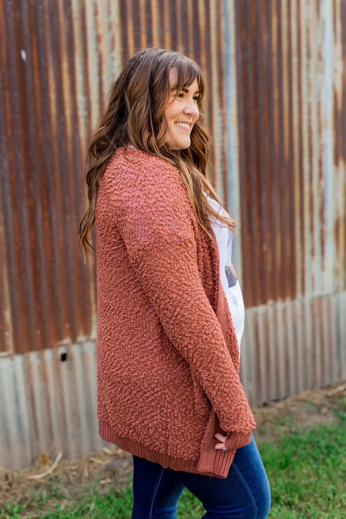 Stealing Glances Popcorn Knit Cardigan- Deep Clay