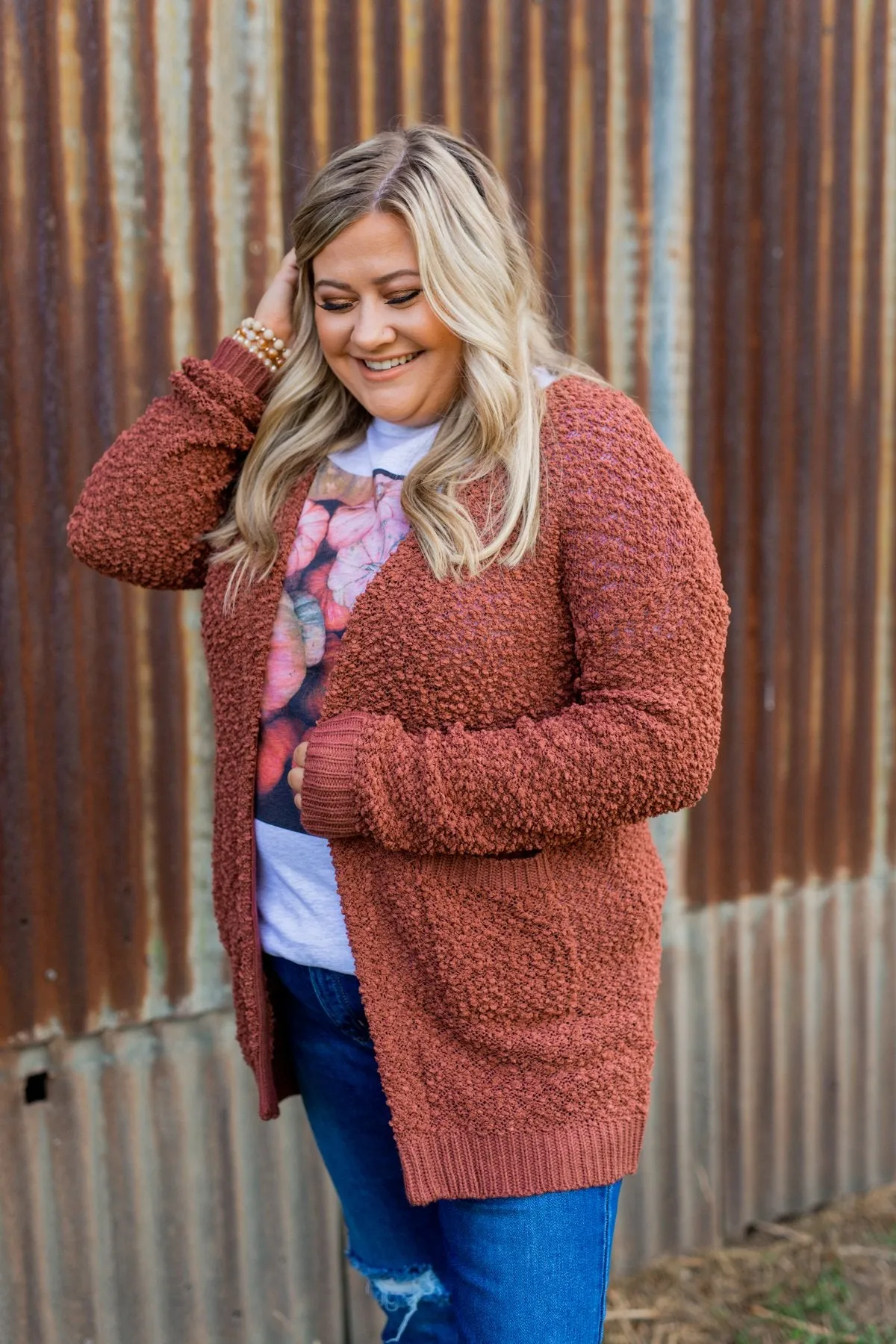 Stealing Glances Popcorn Knit Cardigan- Deep Clay