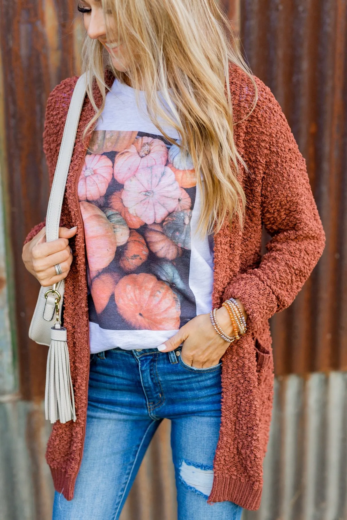 Stealing Glances Popcorn Knit Cardigan- Deep Clay