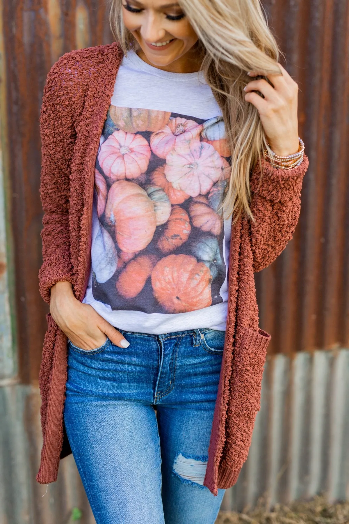 Stealing Glances Popcorn Knit Cardigan- Deep Clay