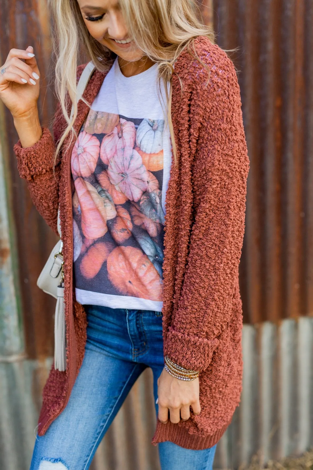 Stealing Glances Popcorn Knit Cardigan- Deep Clay