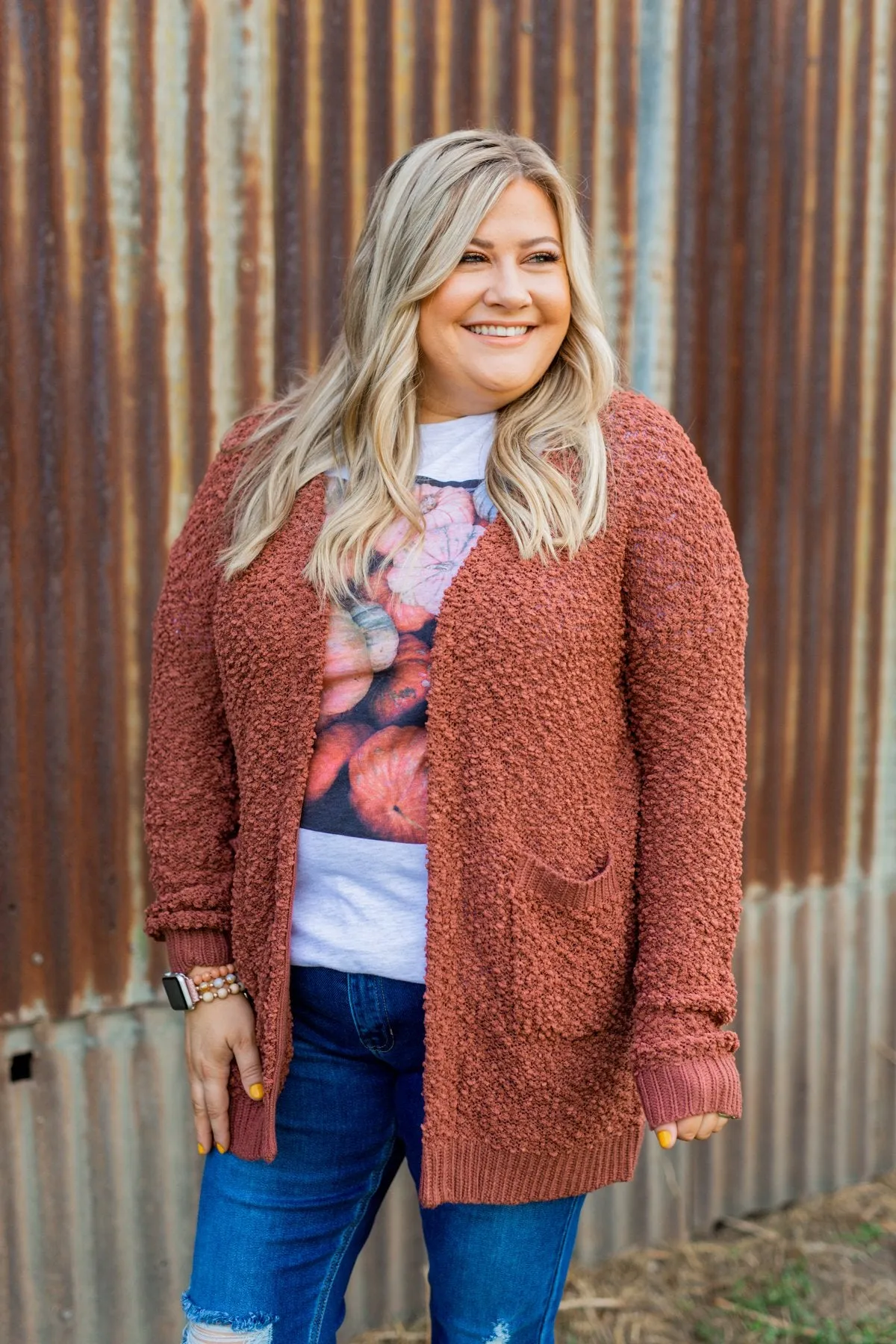 Stealing Glances Popcorn Knit Cardigan- Deep Clay