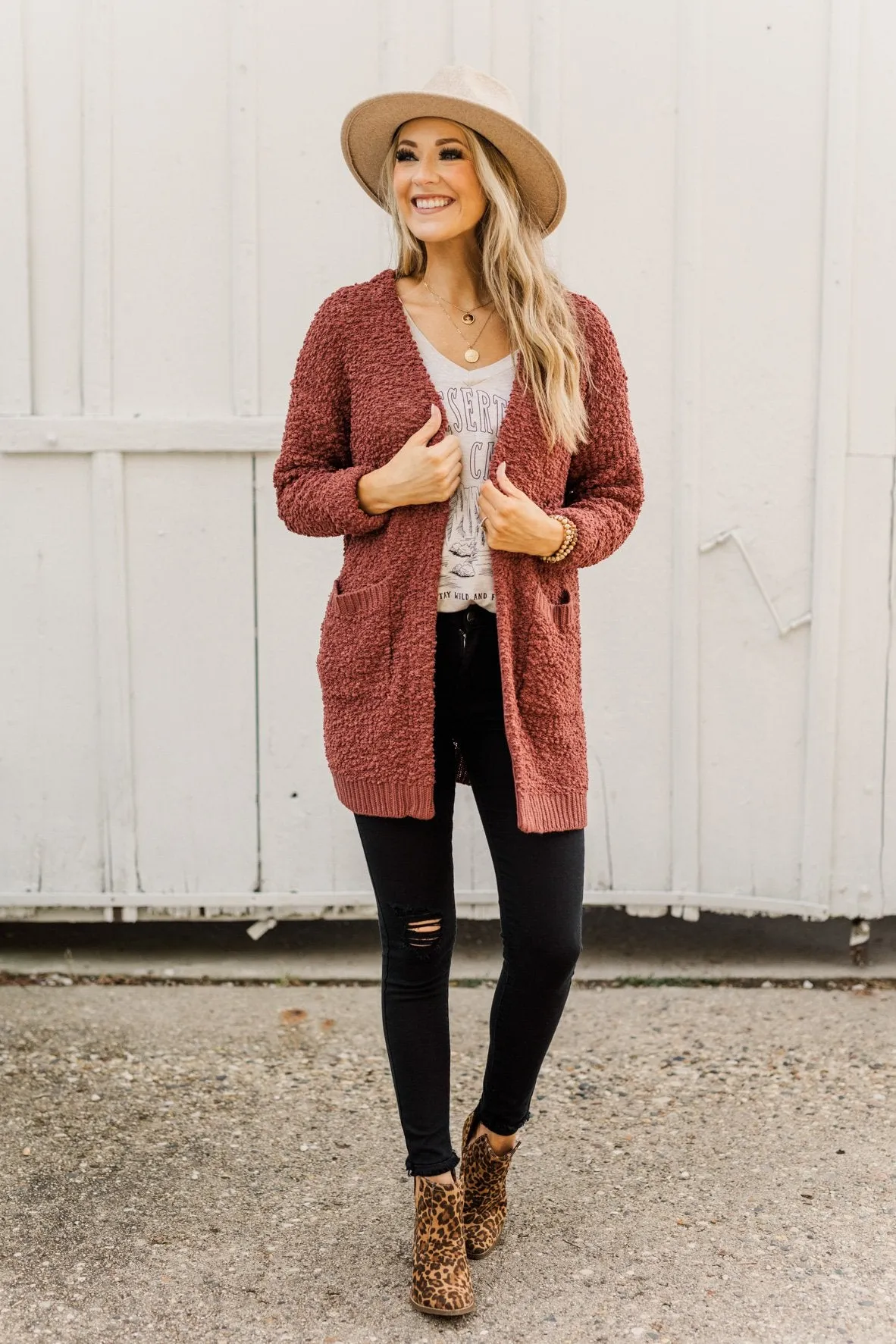 Stealing Glances Popcorn Knit Cardigan- Deep Clay