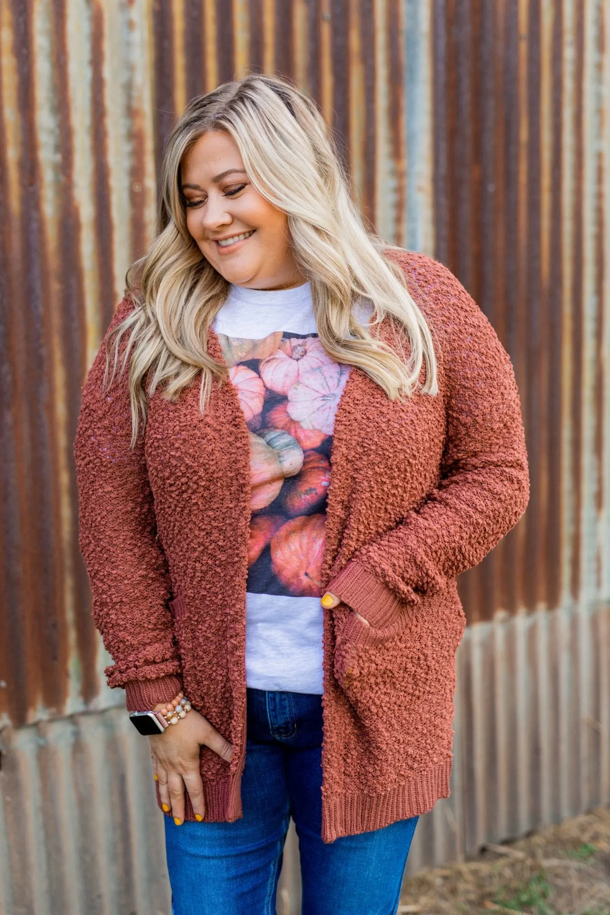 Stealing Glances Popcorn Knit Cardigan- Deep Clay