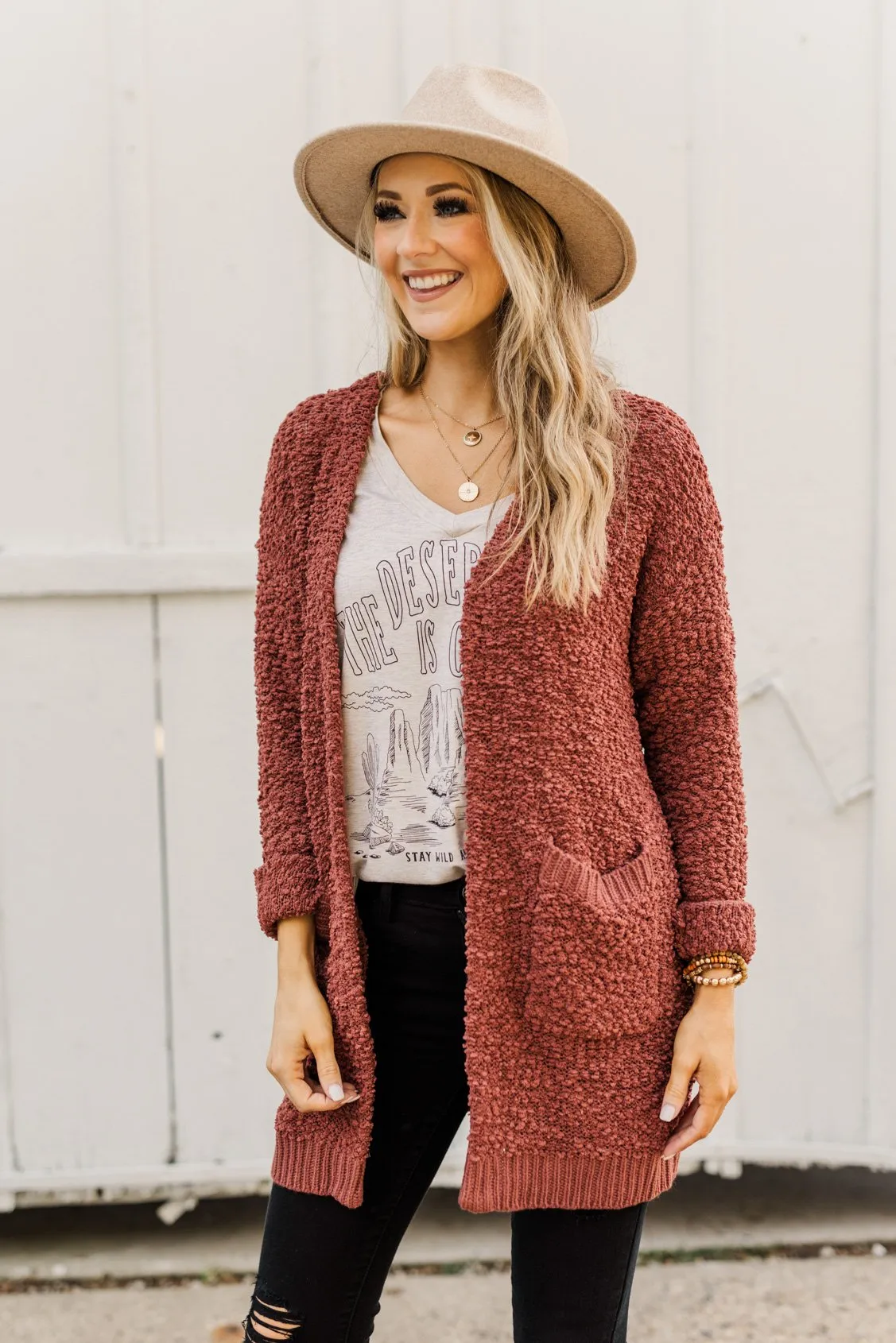 Stealing Glances Popcorn Knit Cardigan- Deep Clay