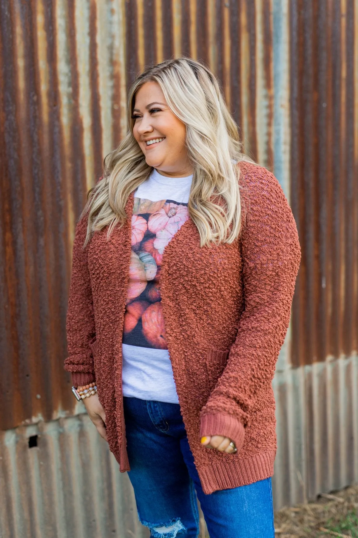 Stealing Glances Popcorn Knit Cardigan- Deep Clay