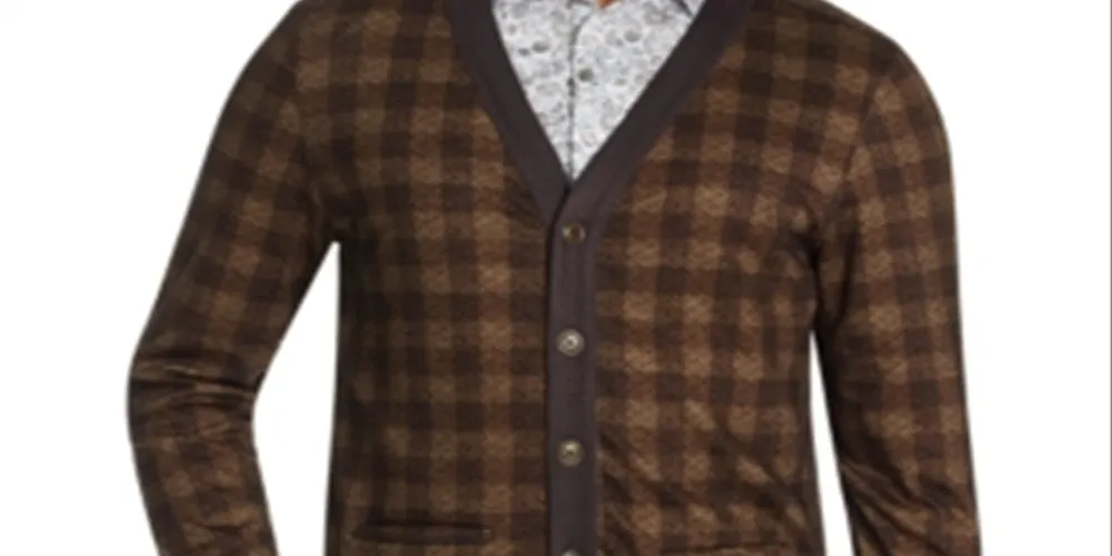 Tallia Men's Slim Fit Stretch Plaid Cardigan Brown Size X-Large