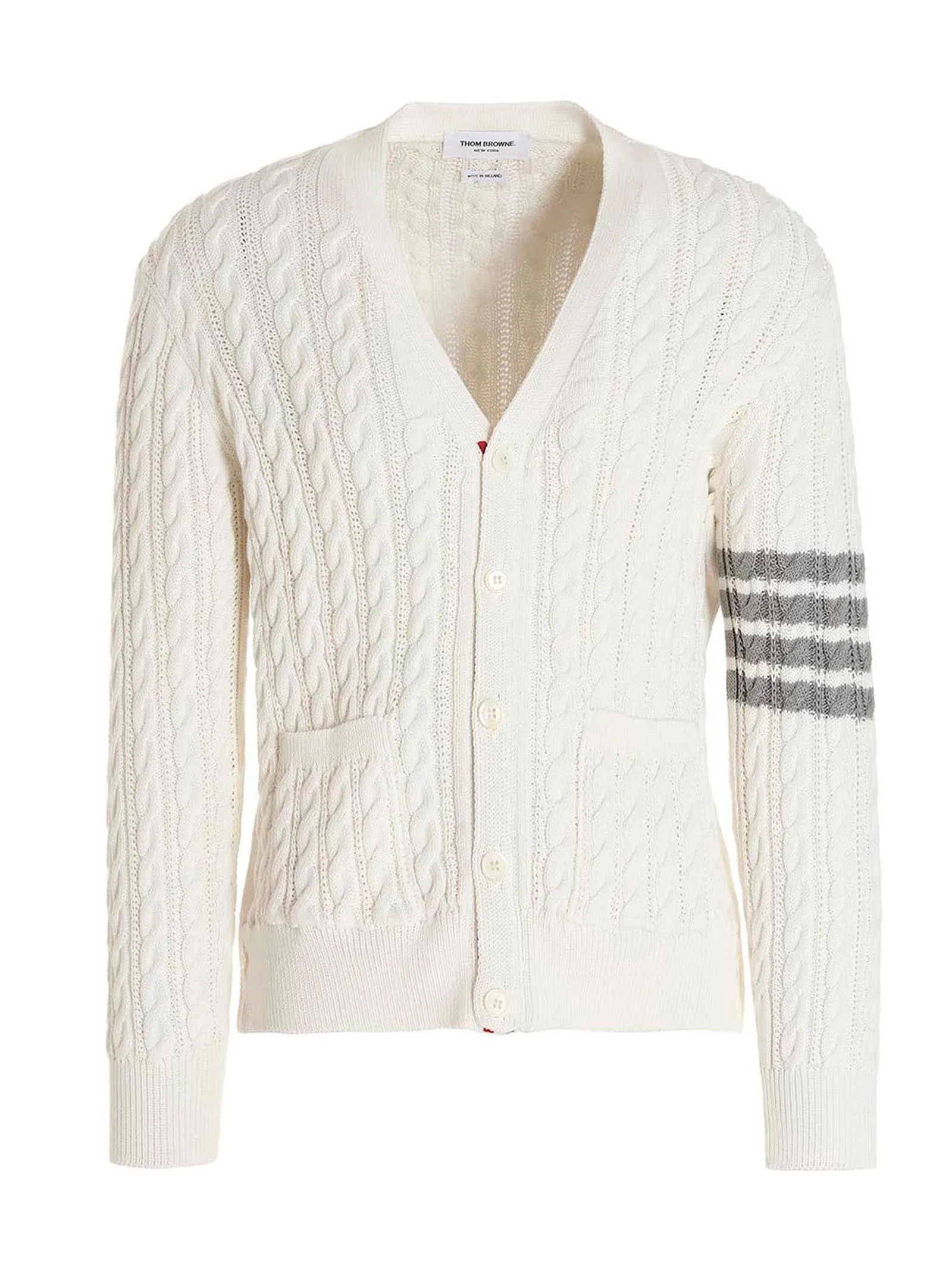 Thom Browne 4-Bar Cable Knit V-Neck Cardigan