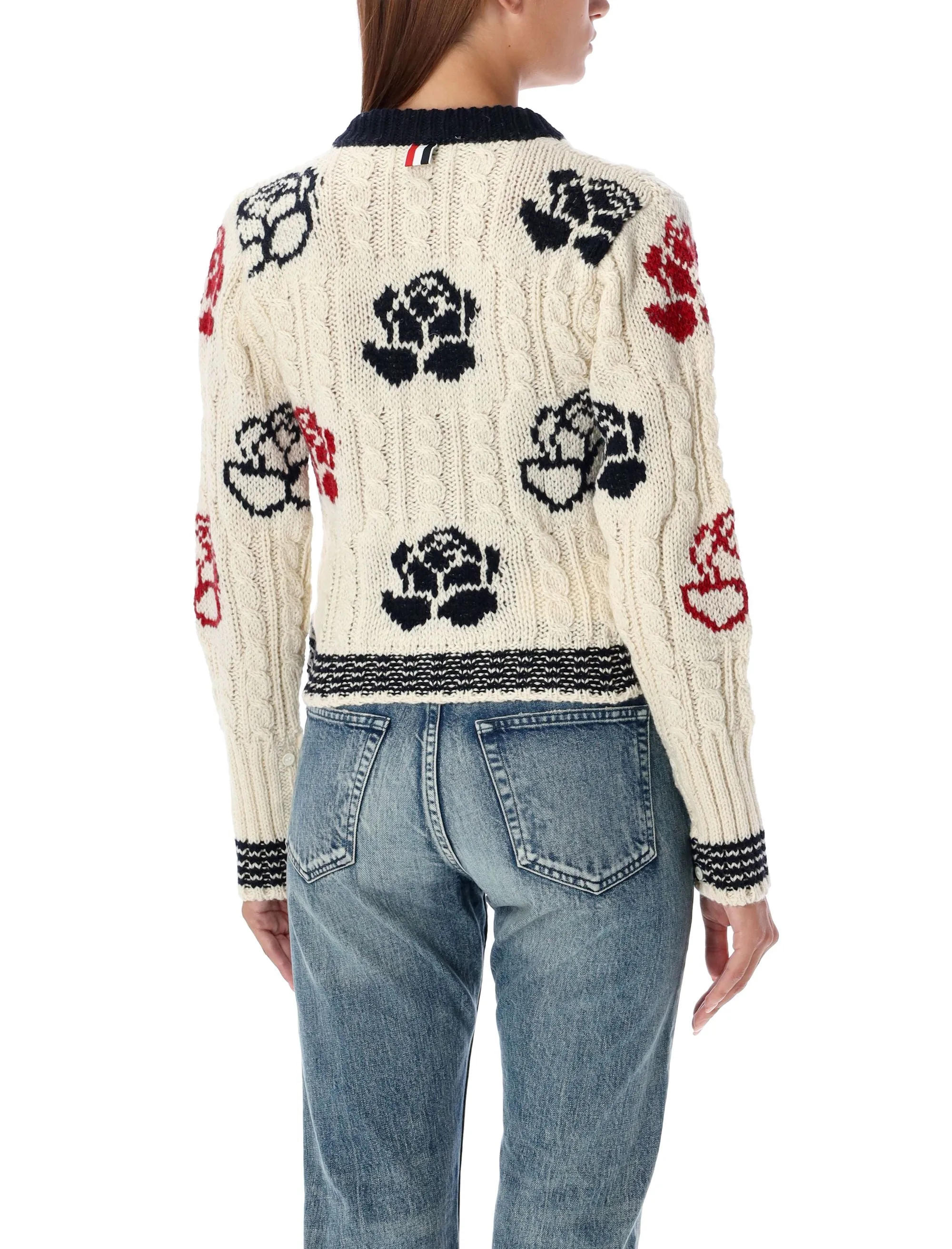 THOM BROWNE Rose Intarsia Cable Knit Cardigan - Regular Fit, Size 38