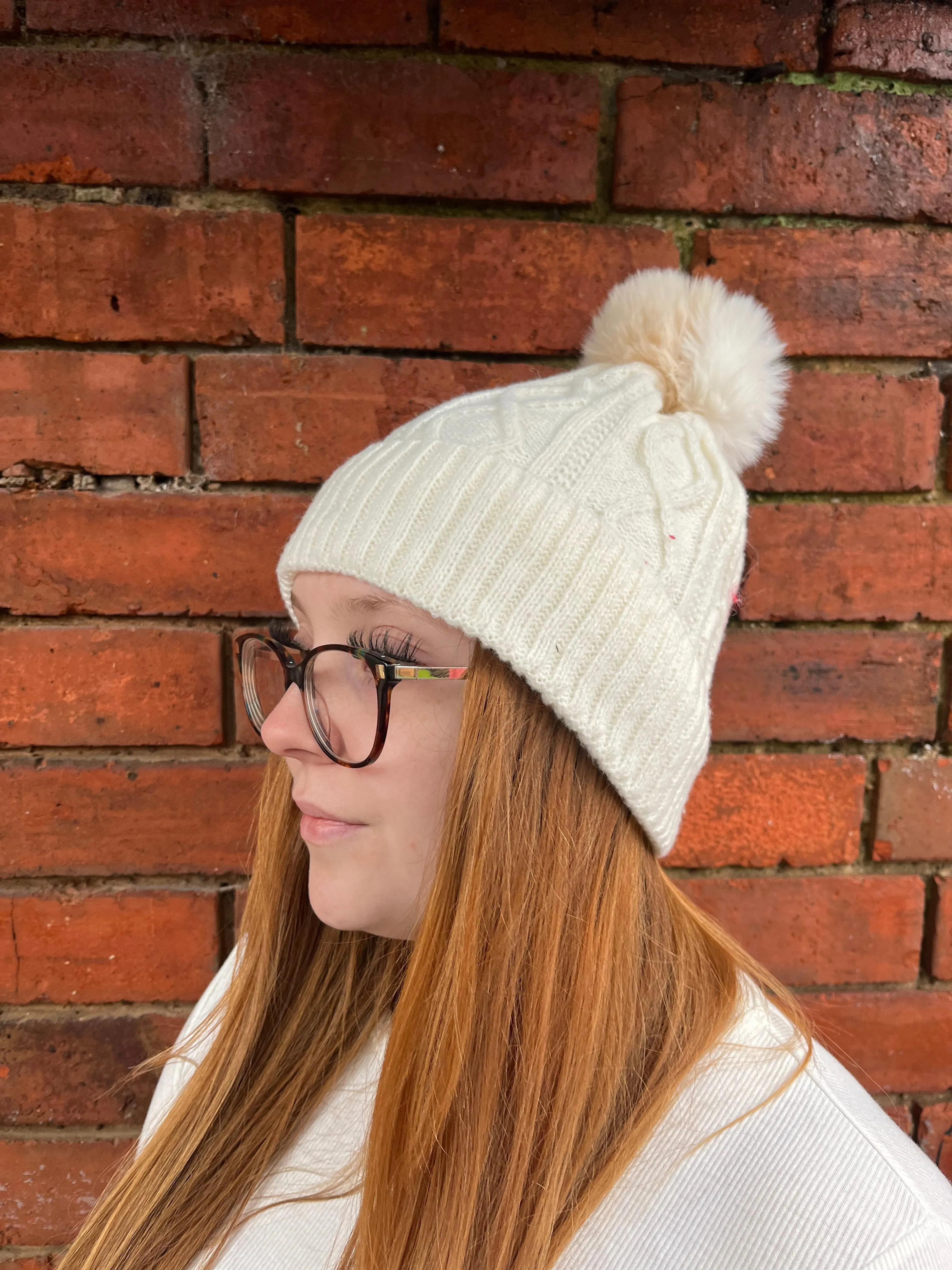 Two Toned Cable Knit Bobble Hat