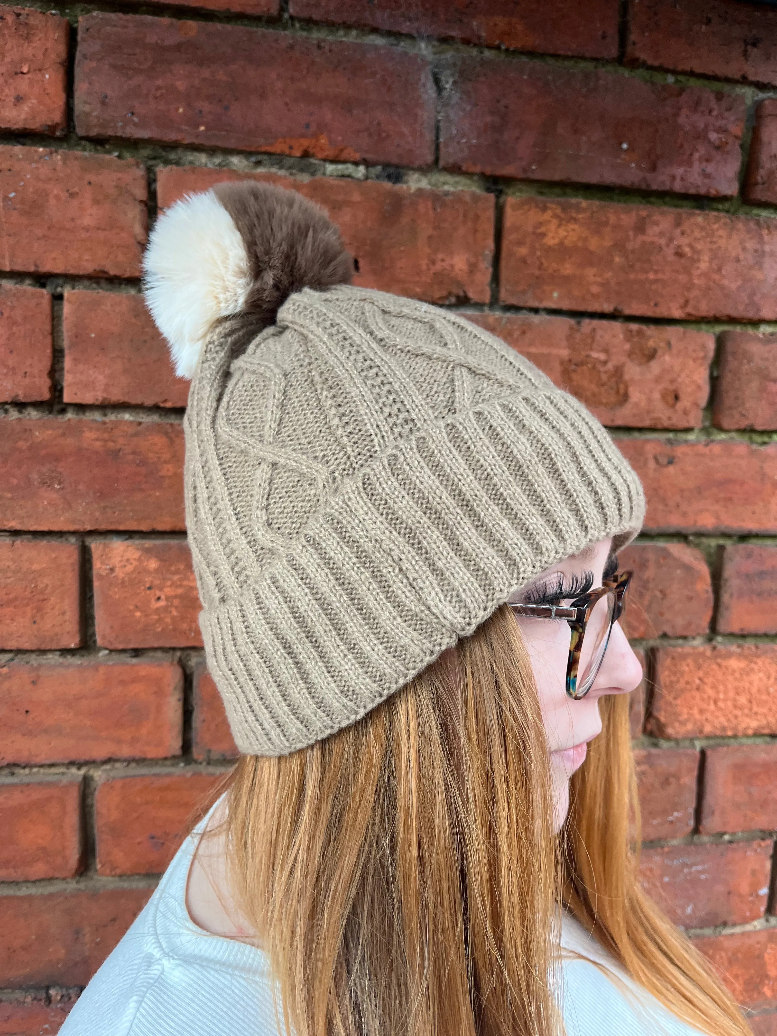 Two Toned Cable Knit Bobble Hat