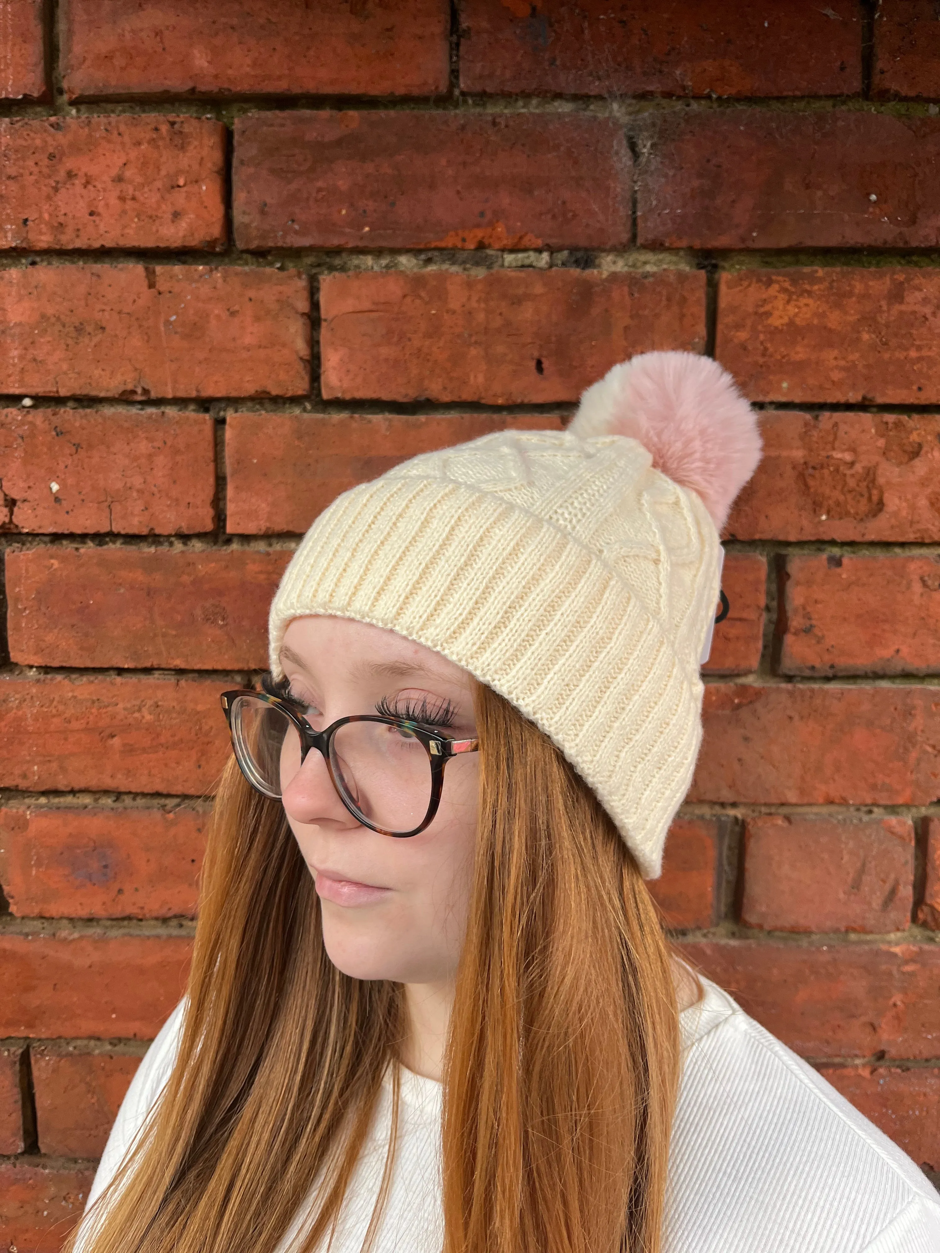 Two Toned Cable Knit Bobble Hat