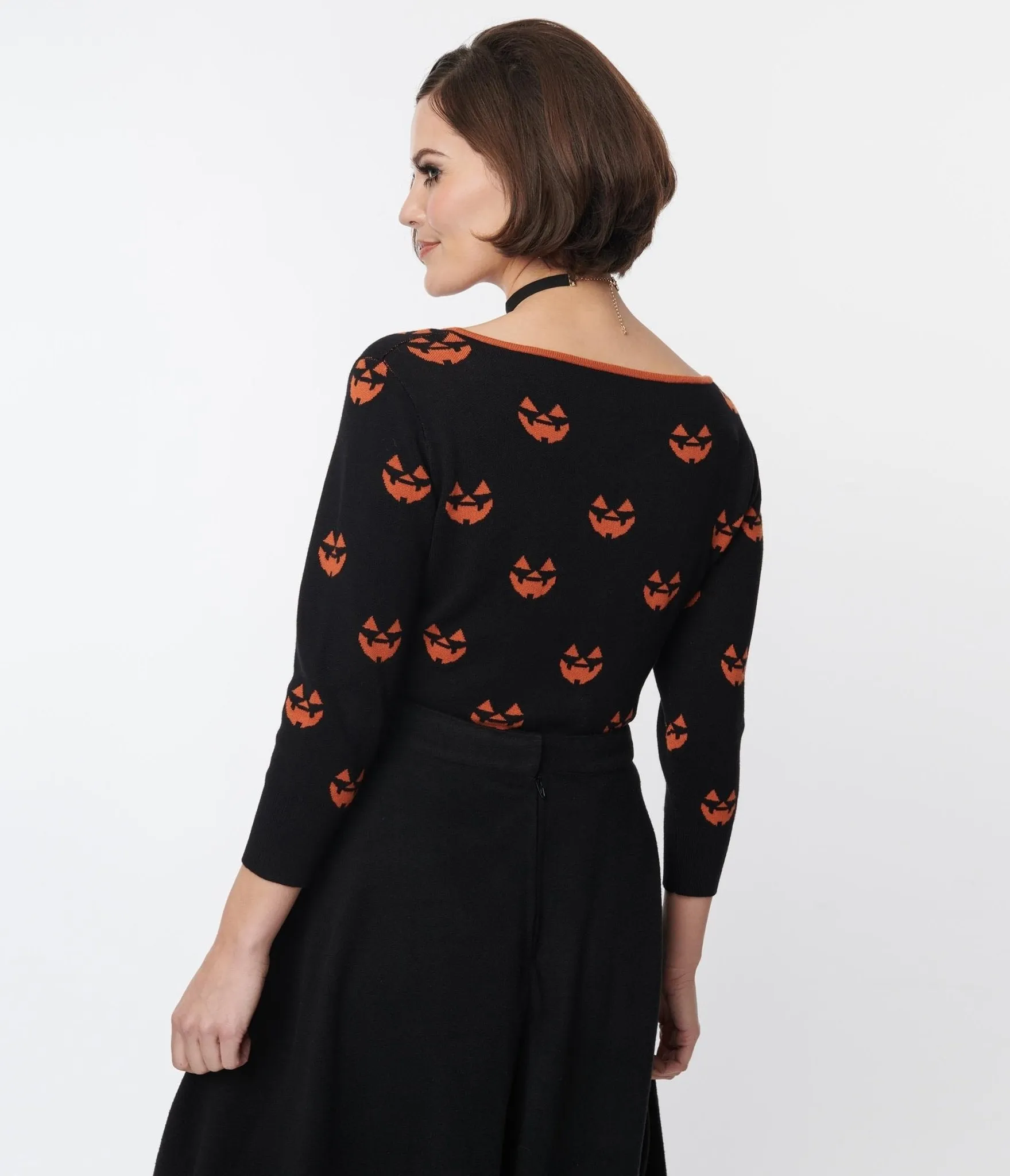 Unique Vintage Black & Orange Pumpkin Crop Cardigan