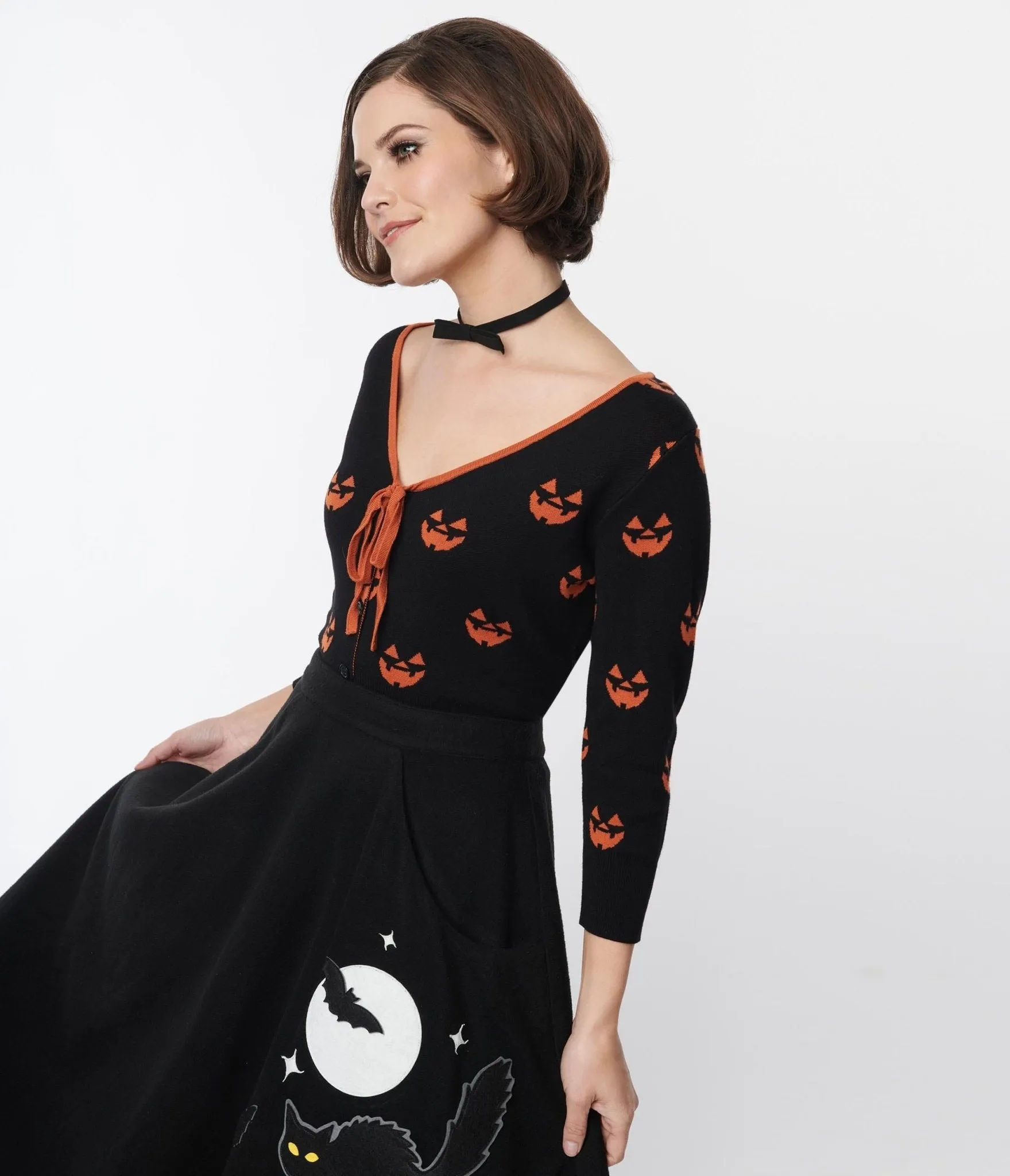 Unique Vintage Black & Orange Pumpkin Crop Cardigan