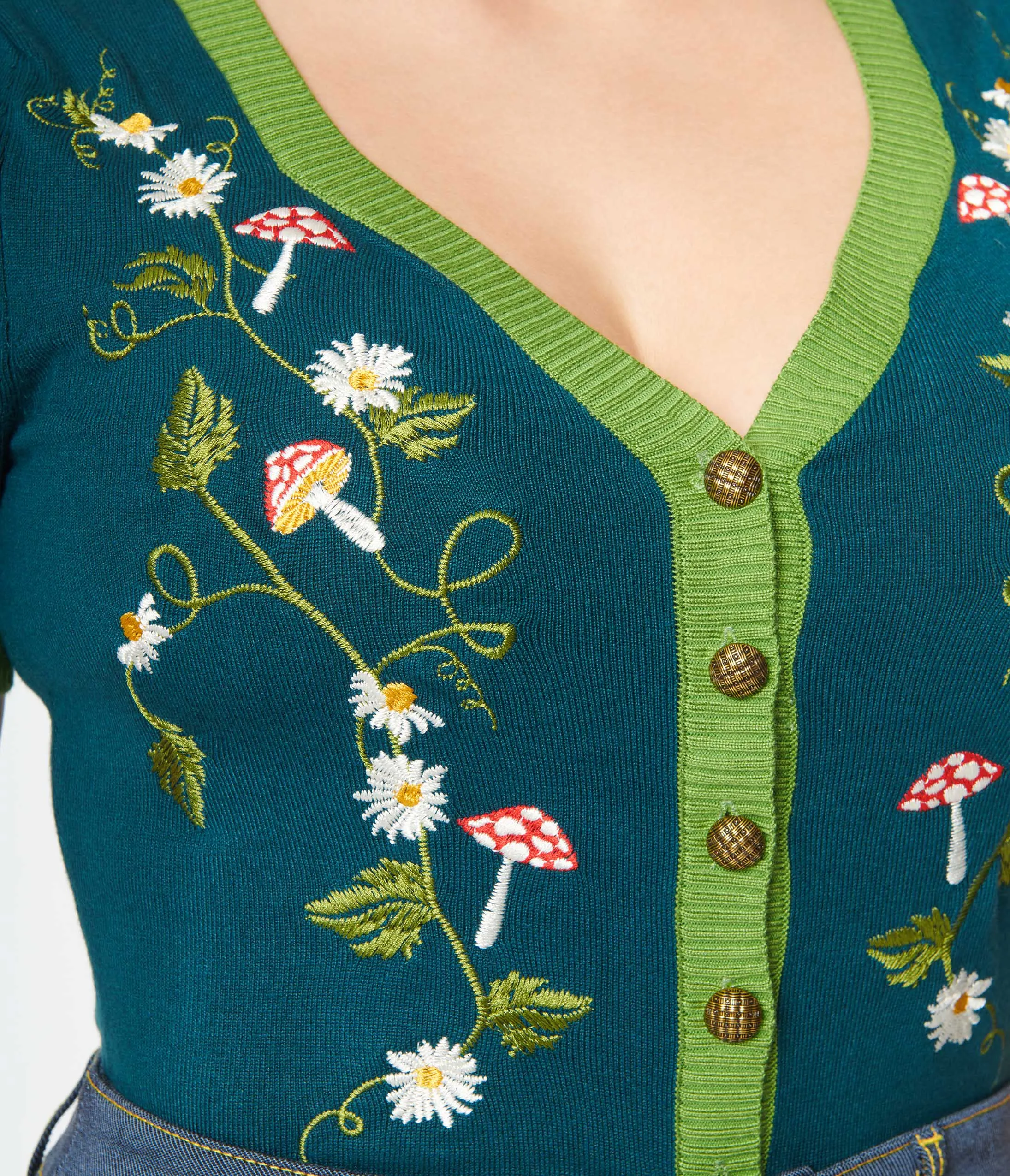 Unique Vintage Teal Mushroom & Daisy Embroidered Cardigan