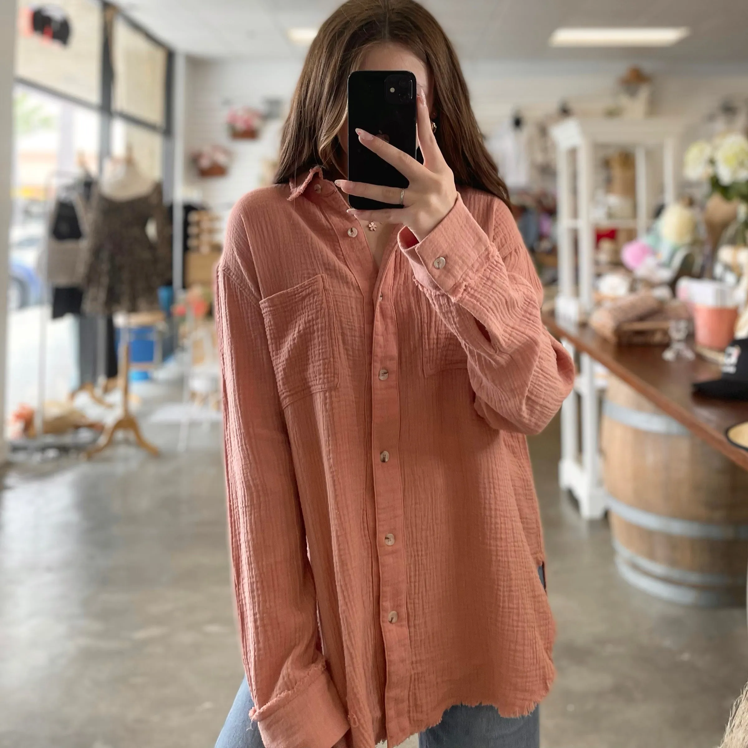 Vacay Mode On Linen Button Down Top