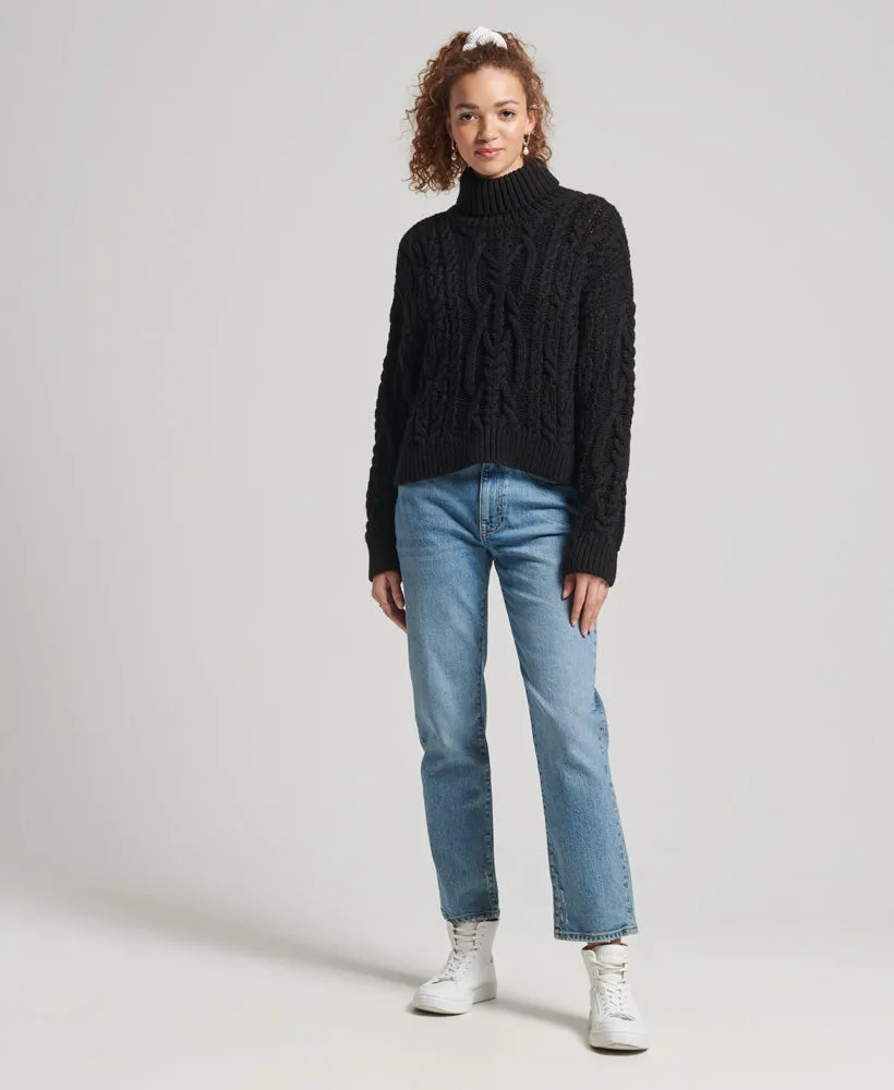 Vintage High Neck Cable Knit Jumper | Black