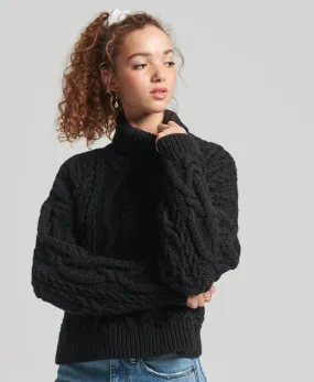 Vintage High Neck Cable Knit Jumper | Black