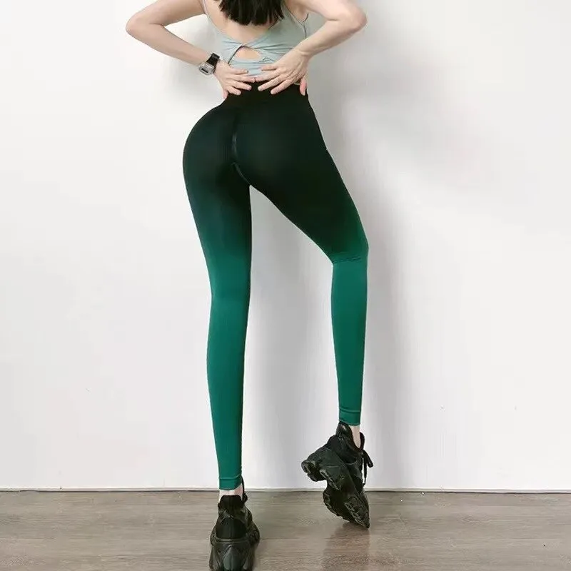 Women's Gradient Seamless High Waist Ankle-Length Tight Fitness Pants