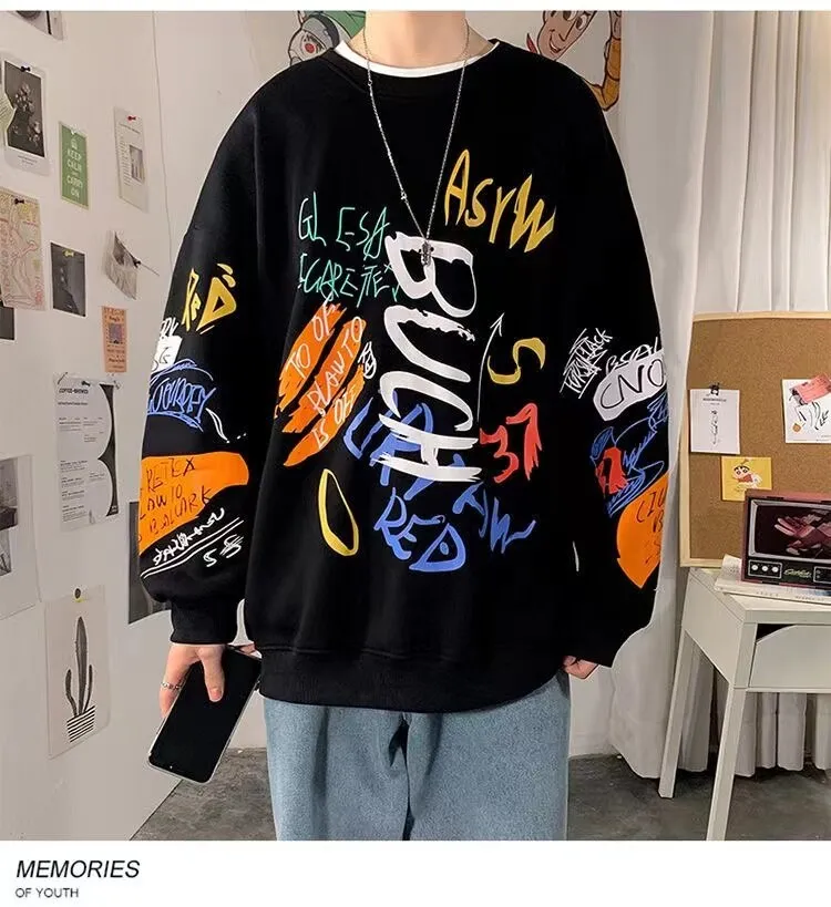 Xituodai Hip Hop Sweatshirt for Men Casual Pullovers Graffiti Japanese Crewneck Sweatshirts Streetwear Harajuku Top Men's Clothe