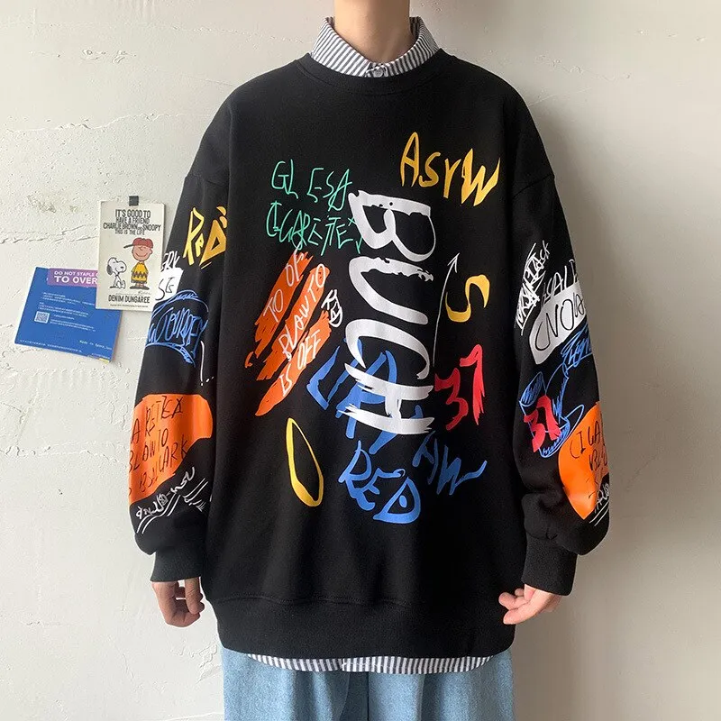 Xituodai Hip Hop Sweatshirt for Men Casual Pullovers Graffiti Japanese Crewneck Sweatshirts Streetwear Harajuku Top Men's Clothe