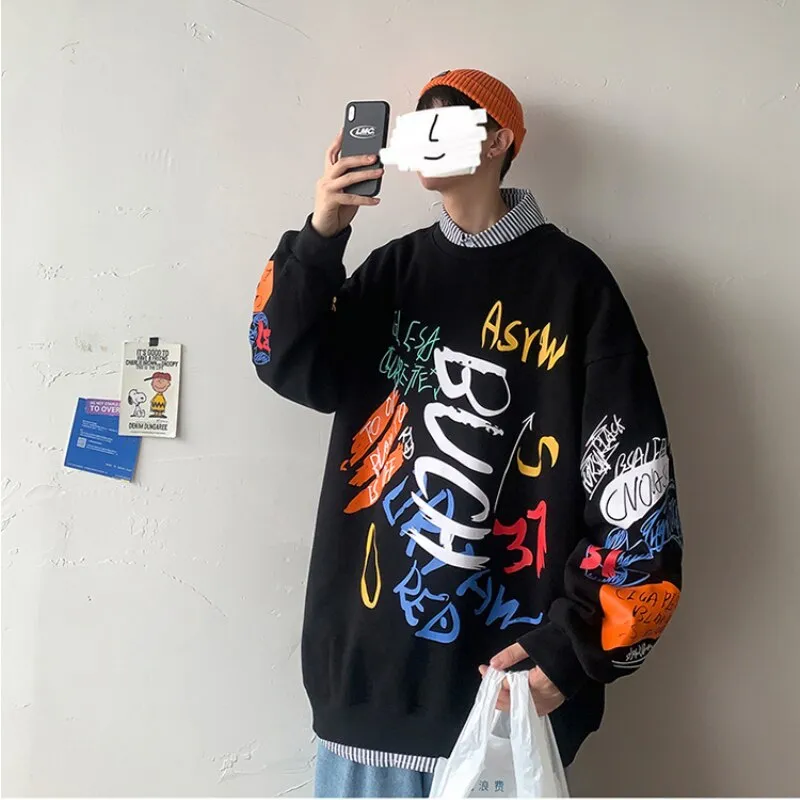 Xituodai Hip Hop Sweatshirt for Men Casual Pullovers Graffiti Japanese Crewneck Sweatshirts Streetwear Harajuku Top Men's Clothe