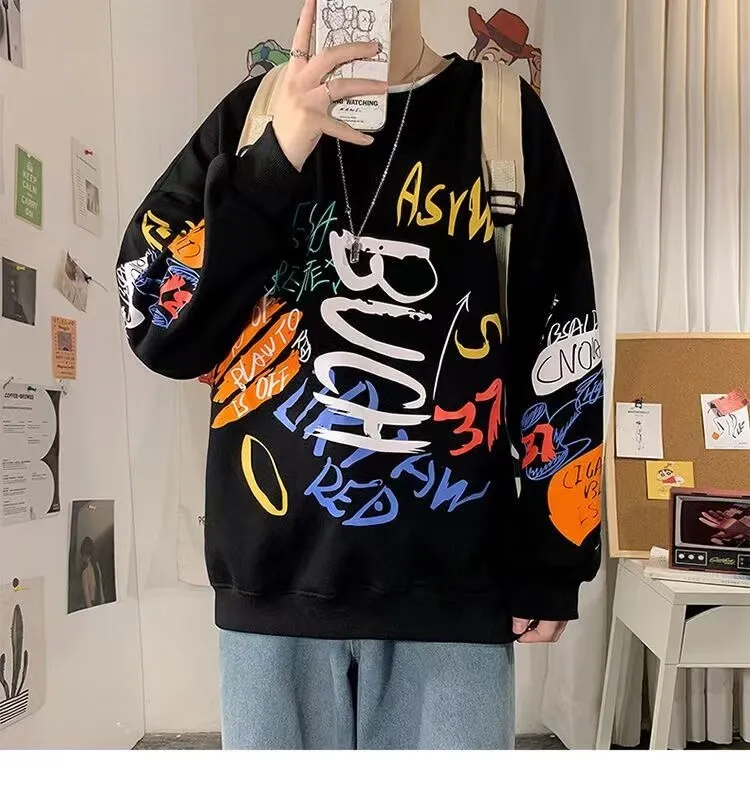 Xituodai Hip Hop Sweatshirt for Men Casual Pullovers Graffiti Japanese Crewneck Sweatshirts Streetwear Harajuku Top Men's Clothe