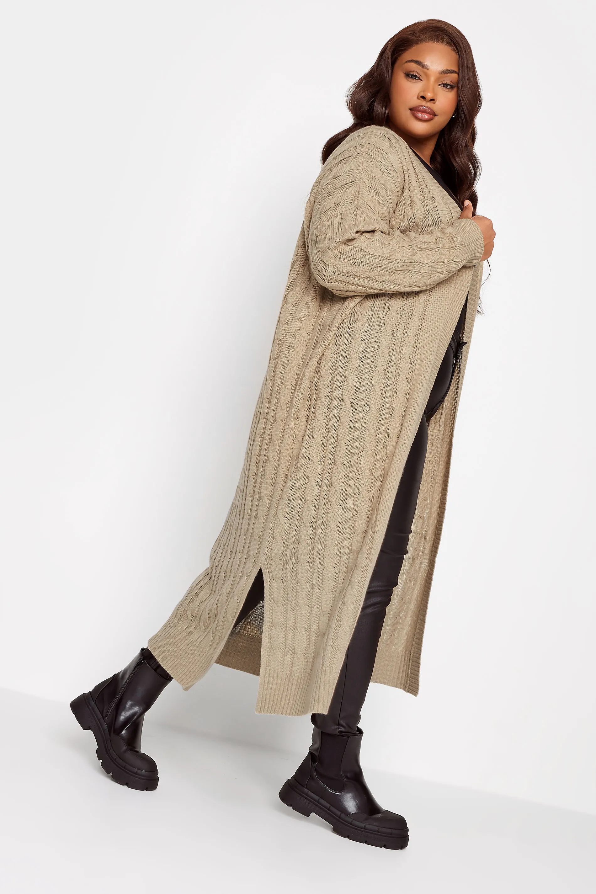 YOURS Curve Beige Brown Cable Knit Maxi Cardigan